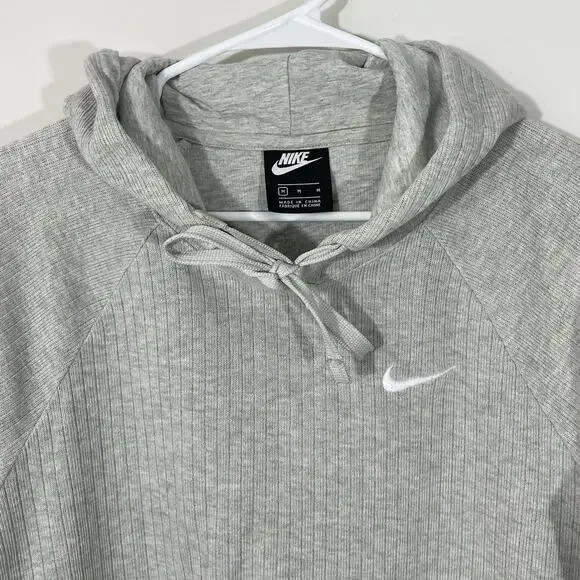 Nike NSW Cropped Ribbed Pullover Hoodie Womens Size Medium Gray Knit - Picture 5 of 10